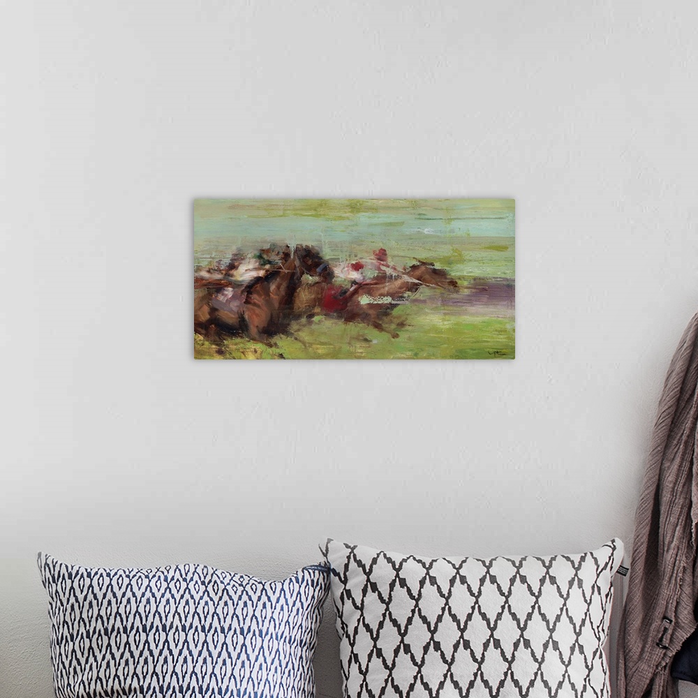 A bohemian room featuring A contemporary painting of a horse derby, with the feel of the horses moving in a fast pace.
