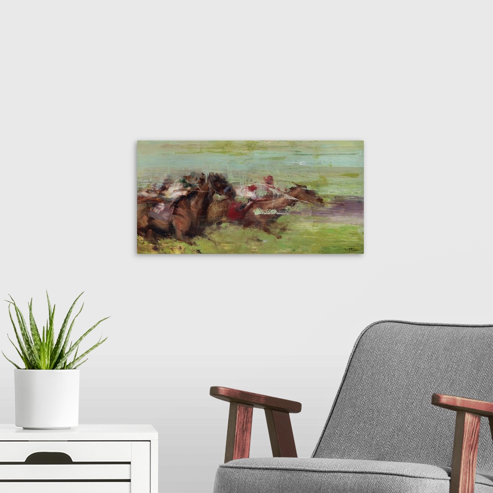 A modern room featuring A contemporary painting of a horse derby, with the feel of the horses moving in a fast pace.