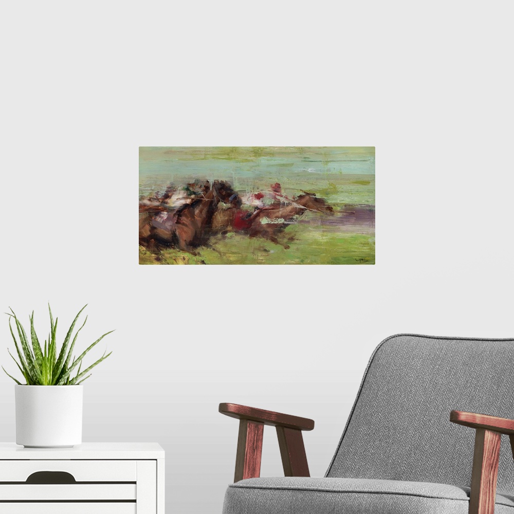 A modern room featuring A contemporary painting of a horse derby, with the feel of the horses moving in a fast pace.