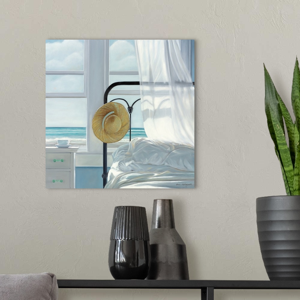 A modern room featuring Contemporary still life painting of a hat hanging from a bedframe next to an open window with a w...