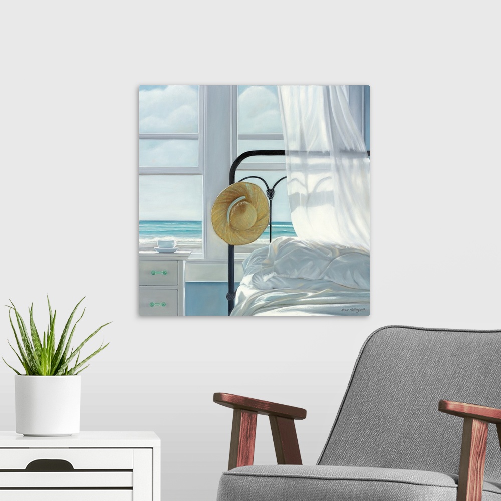 A modern room featuring Contemporary still life painting of a hat hanging from a bedframe next to an open window with a w...