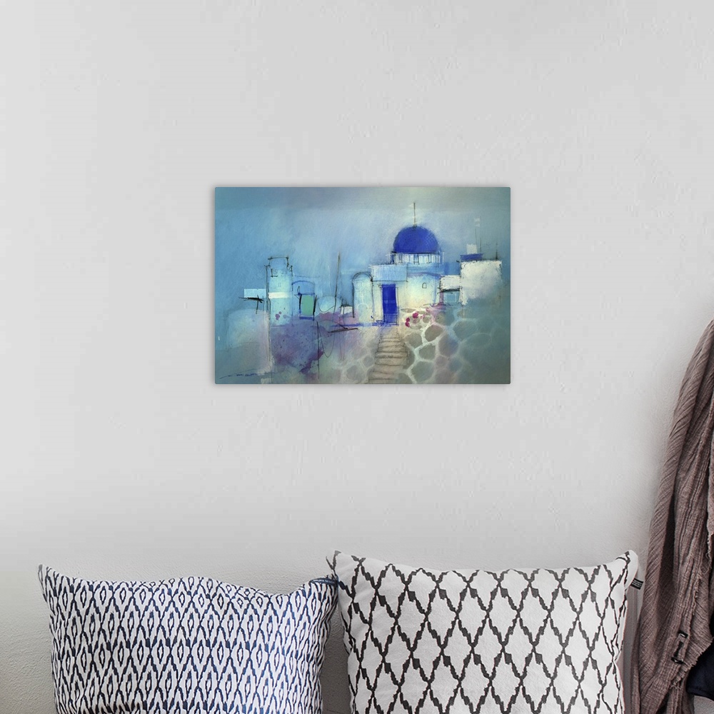 A bohemian room featuring Contemporary painting of iconic architecture of Santorini on Greece.