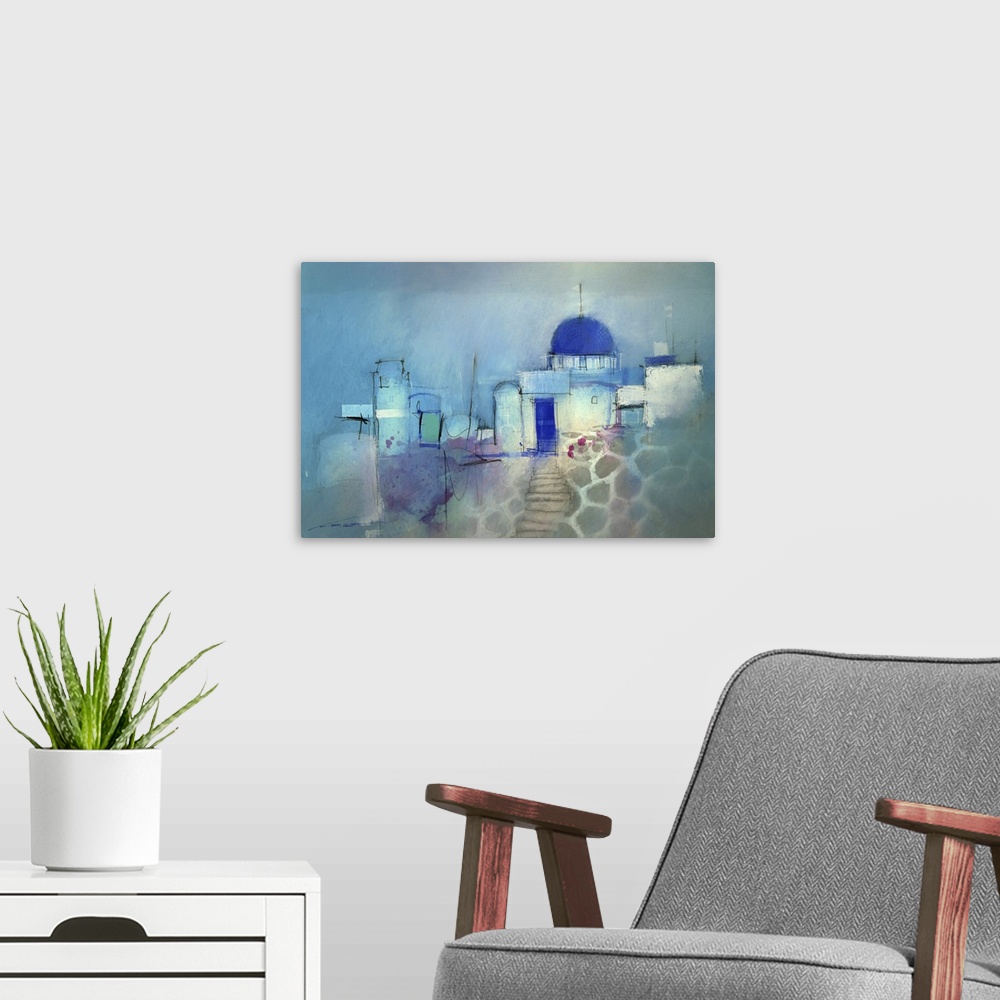 A modern room featuring Contemporary painting of iconic architecture of Santorini on Greece.