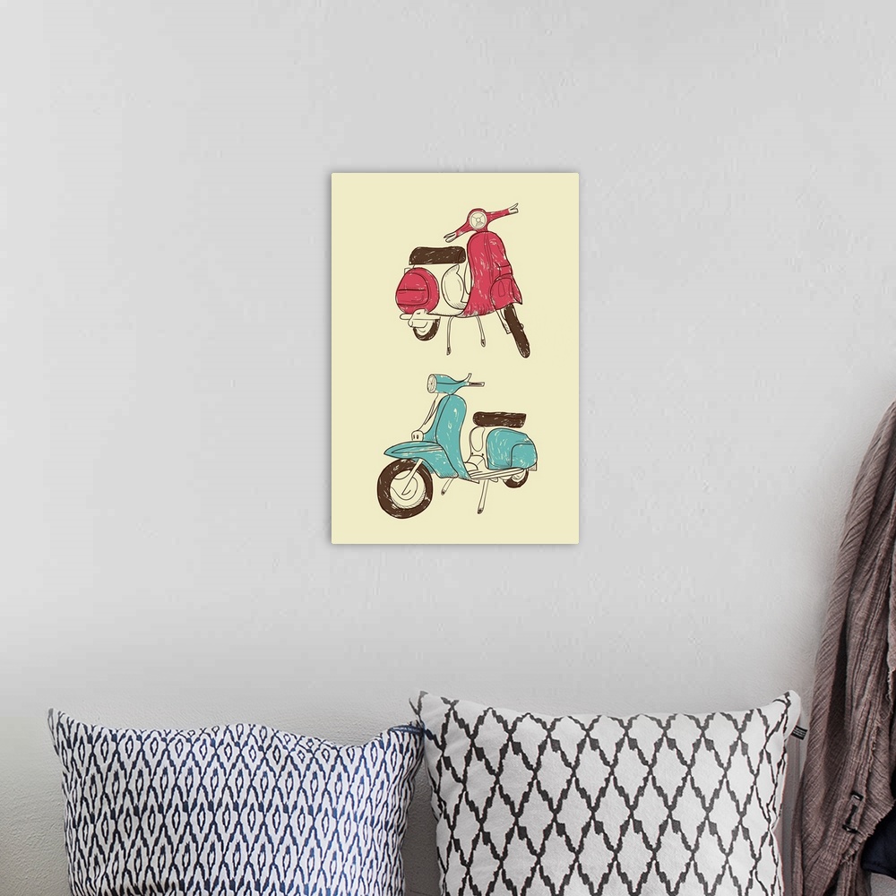 A bohemian room featuring Illustration of two moped scooters.