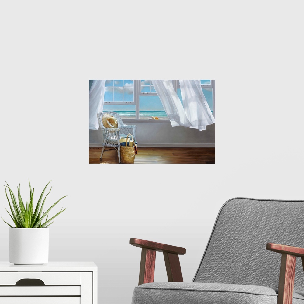 A modern room featuring Contemporary still life painting of a hat on a chair next to an open window with a white curtain ...