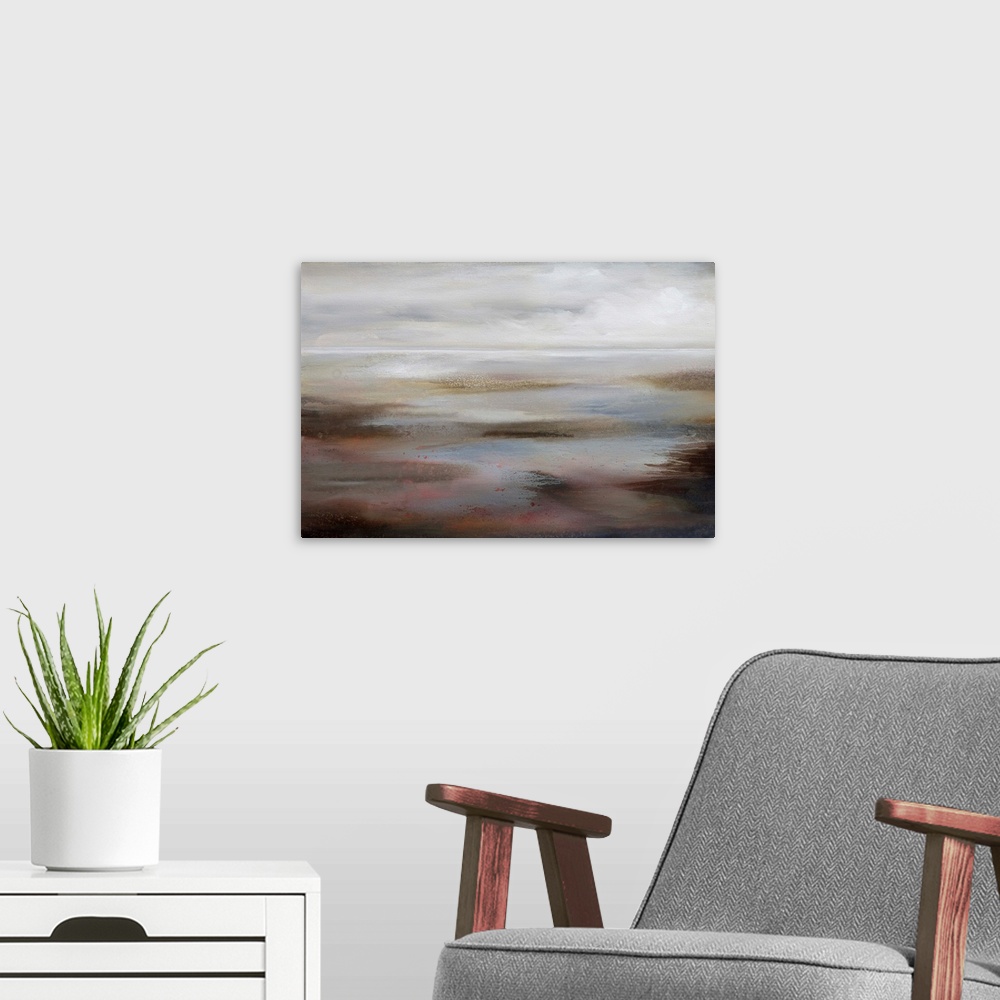 A modern room featuring Calm abstract painting in neutral earth tones.