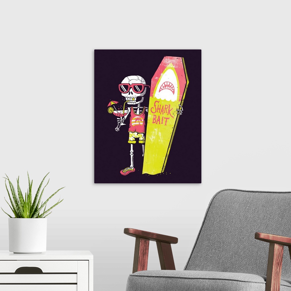 A modern room featuring Decorative artwork featuring a humorous skeleton with a coffin shaped surf board.