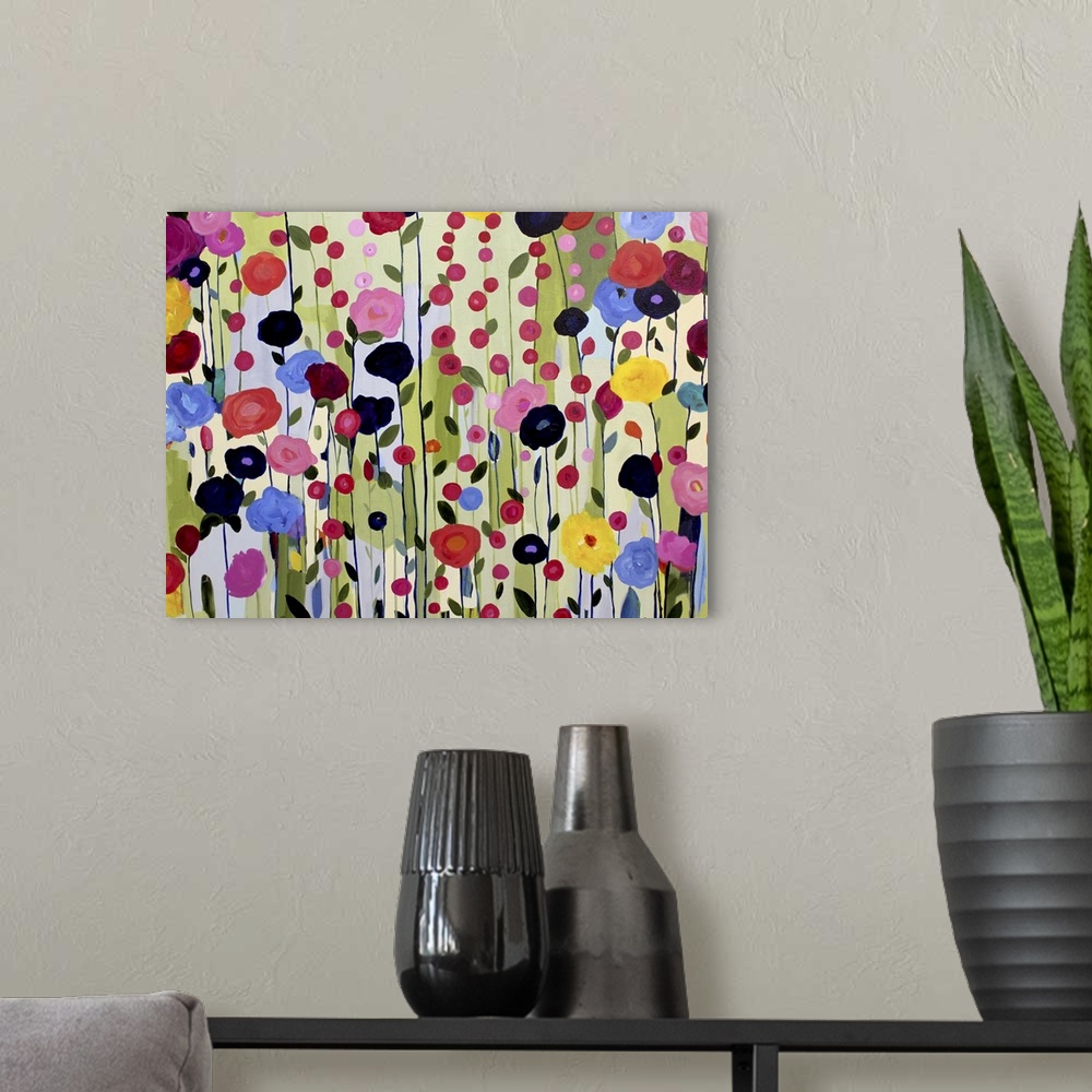 A modern room featuring Colorful painting of a garden of bright flowers.