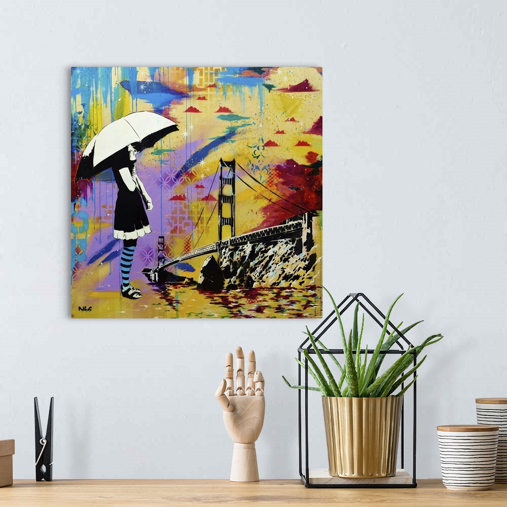 A bohemian room featuring Urban painting of a woman with an umbrella overlooking the Golden Gate bridge.