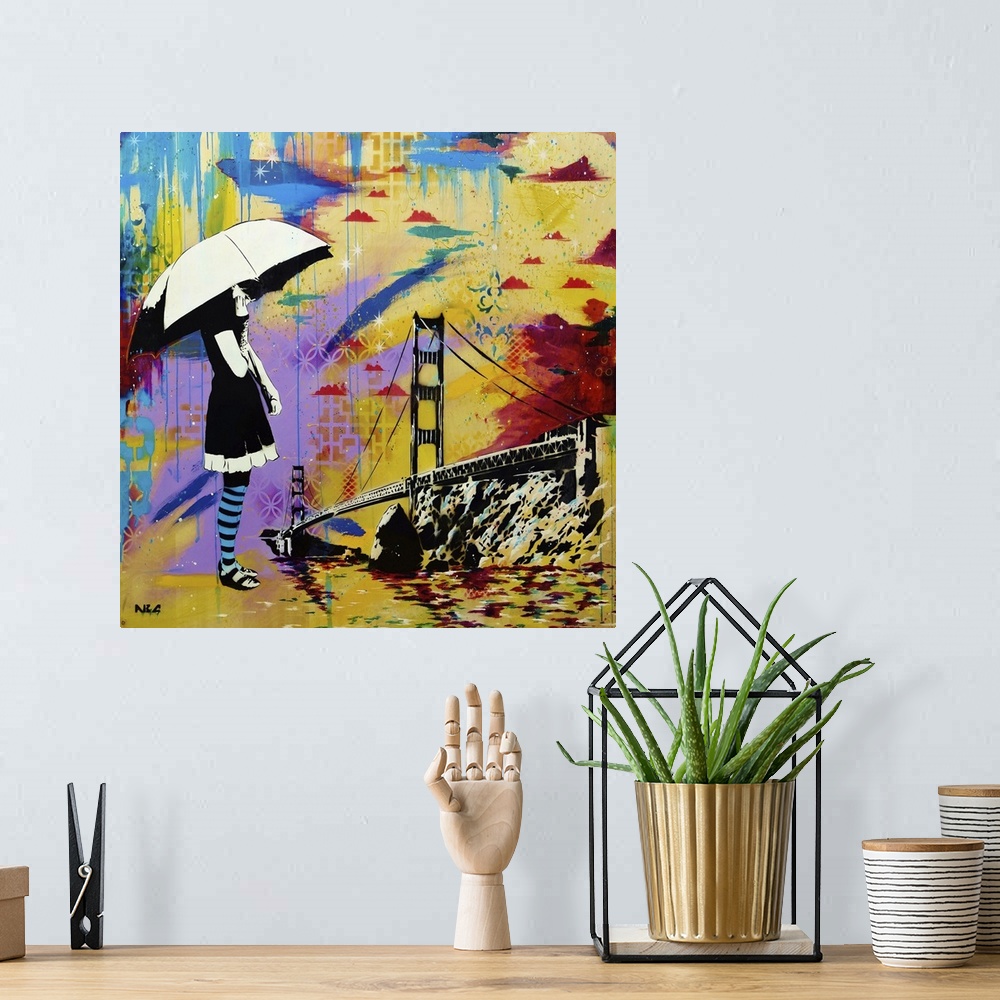 A bohemian room featuring Urban painting of a woman with an umbrella overlooking the Golden Gate bridge.