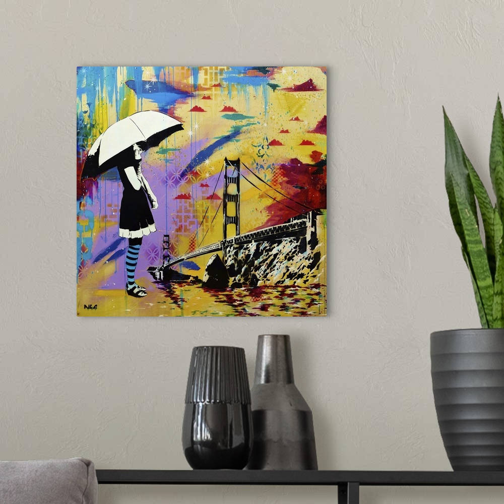 A modern room featuring Urban painting of a woman with an umbrella overlooking the Golden Gate bridge.