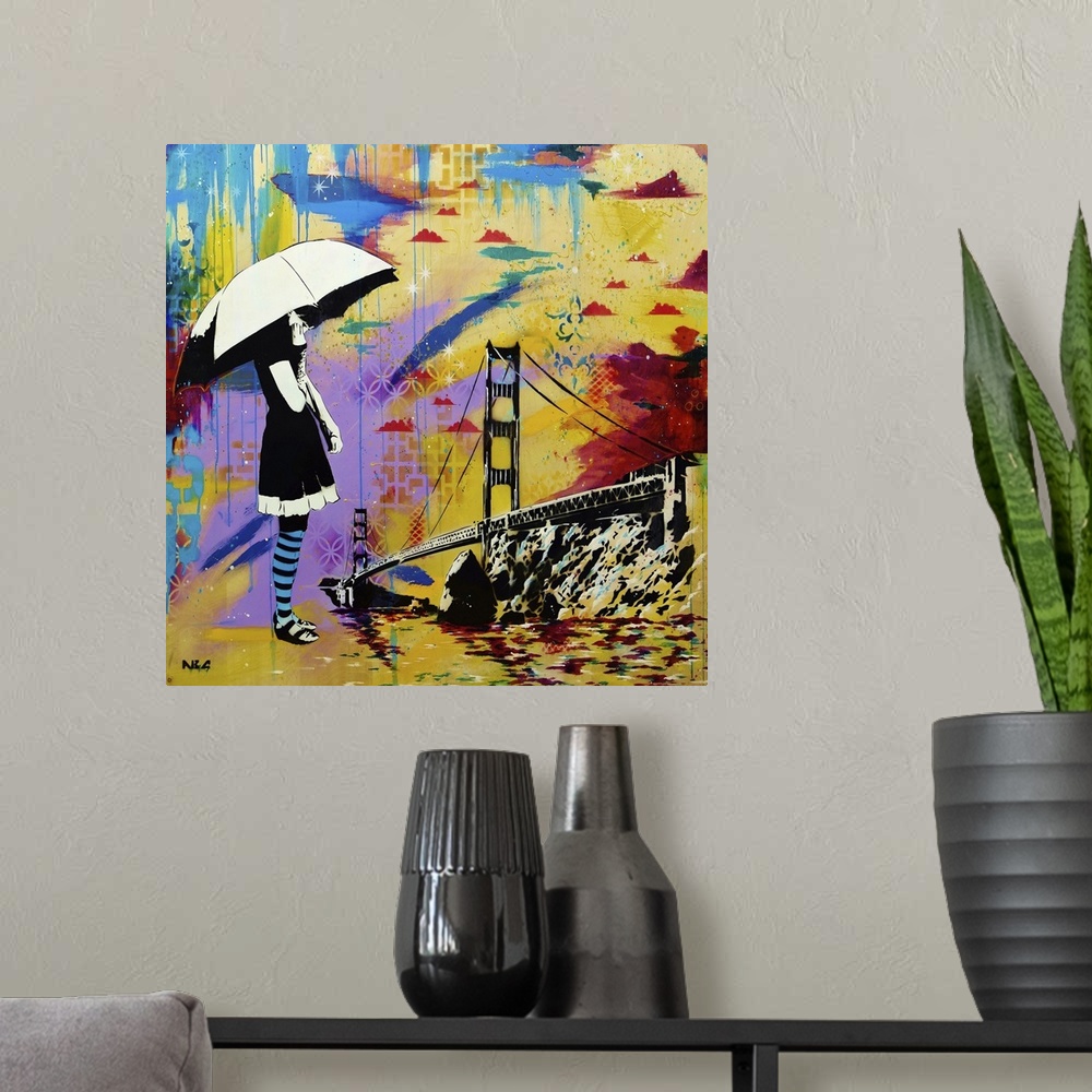 A modern room featuring Urban painting of a woman with an umbrella overlooking the Golden Gate bridge.