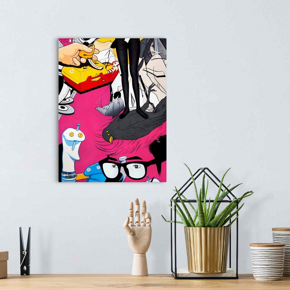 A bohemian room featuring A vertical abstract painting of modern pop images.