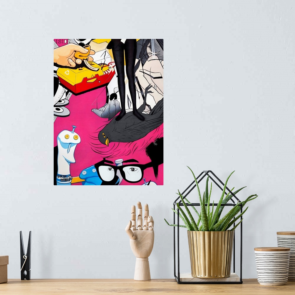 A bohemian room featuring A vertical abstract painting of modern pop images.