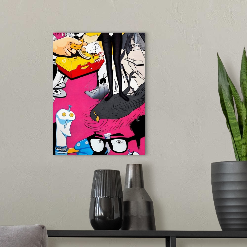 A modern room featuring A vertical abstract painting of modern pop images.