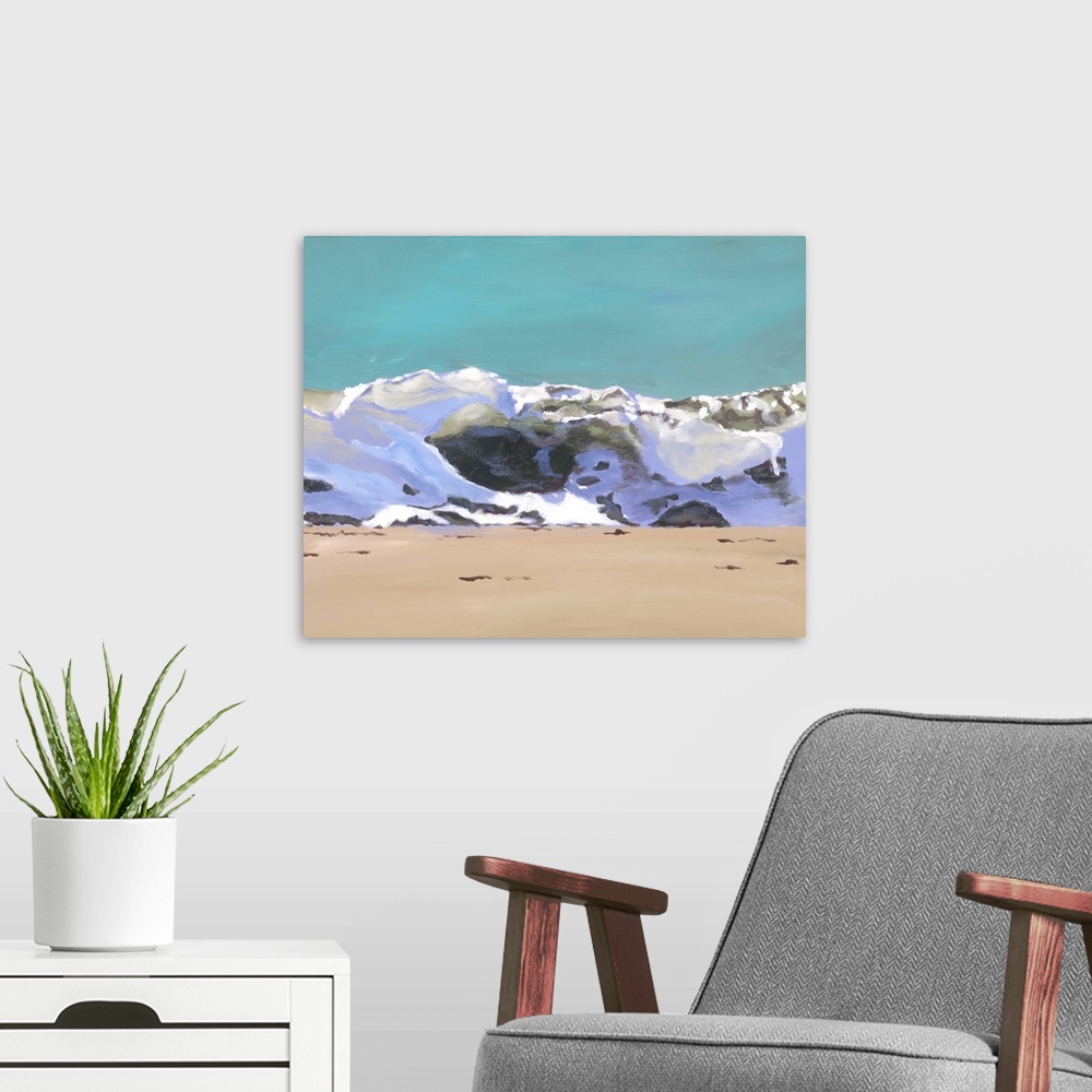 A modern room featuring A contemporary painting of an ocean wave crashing onto a beach.