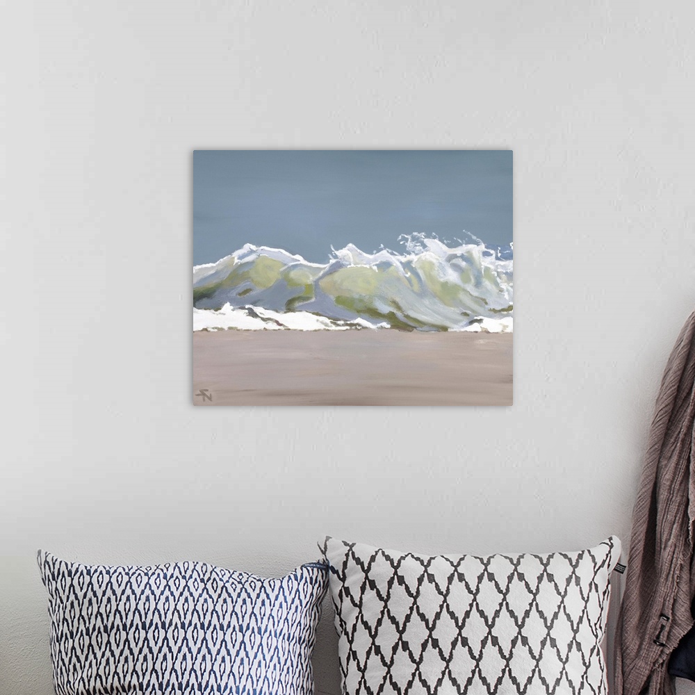 A bohemian room featuring A contemporary painting of an ocean wave crashing onto a beach.
