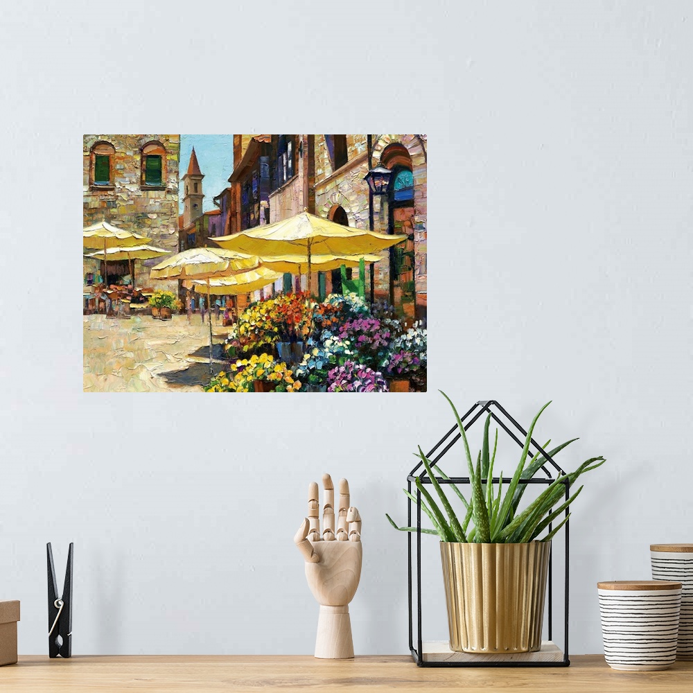 A bohemian room featuring Contemporary art piece of a market in Italy that is filled with flowers and surrounded by stone b...