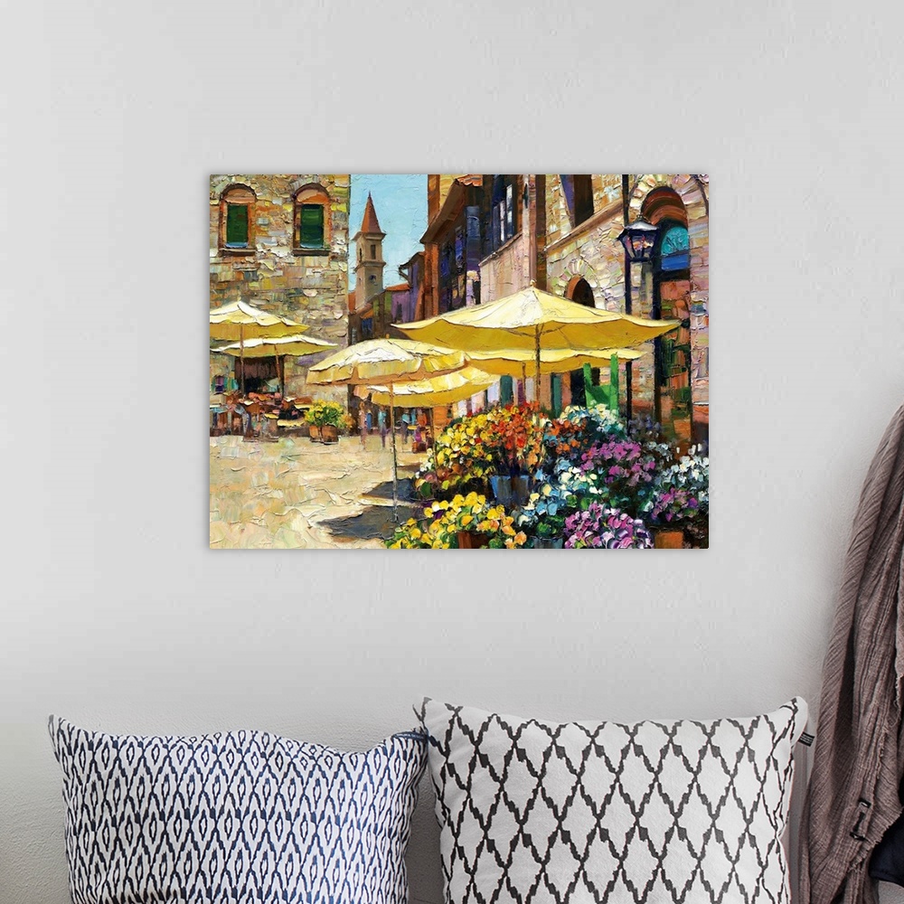 A bohemian room featuring Contemporary art piece of a market in Italy that is filled with flowers and surrounded by stone b...