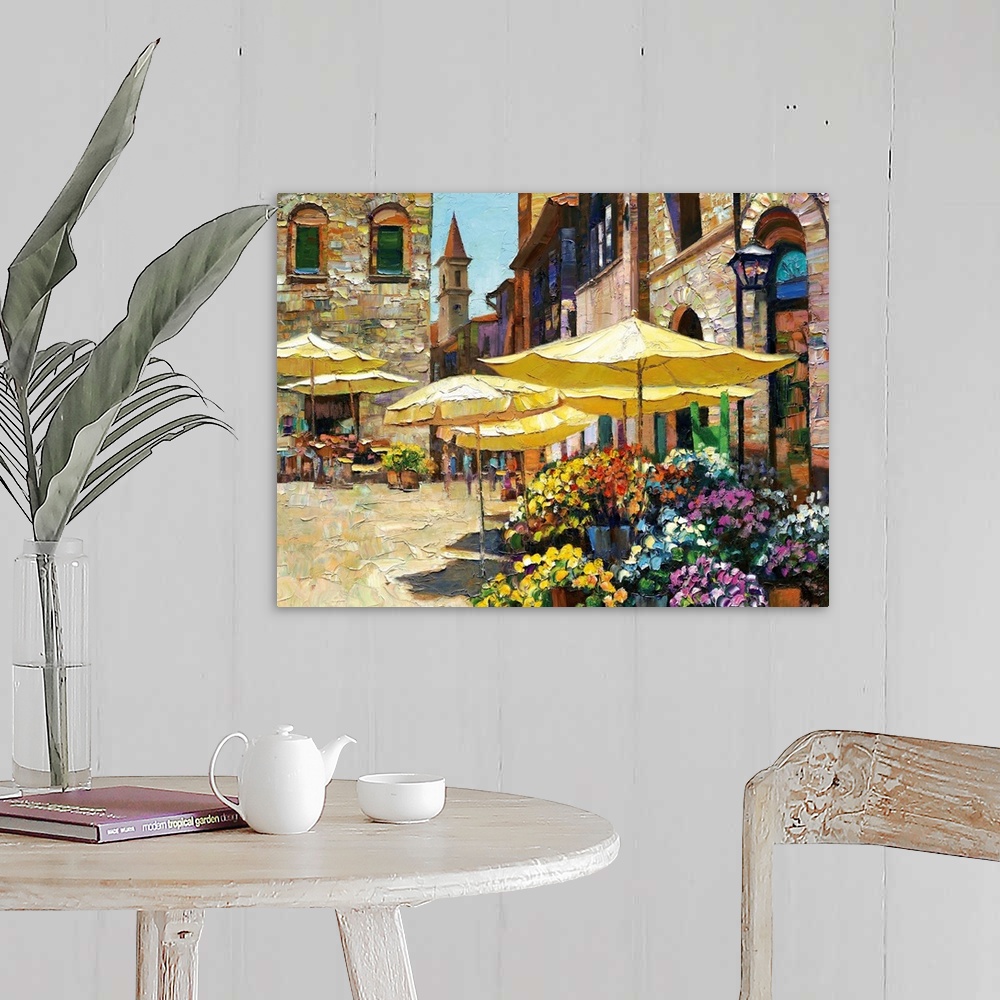 A farmhouse room featuring Contemporary art piece of a market in Italy that is filled with flowers and surrounded by stone b...