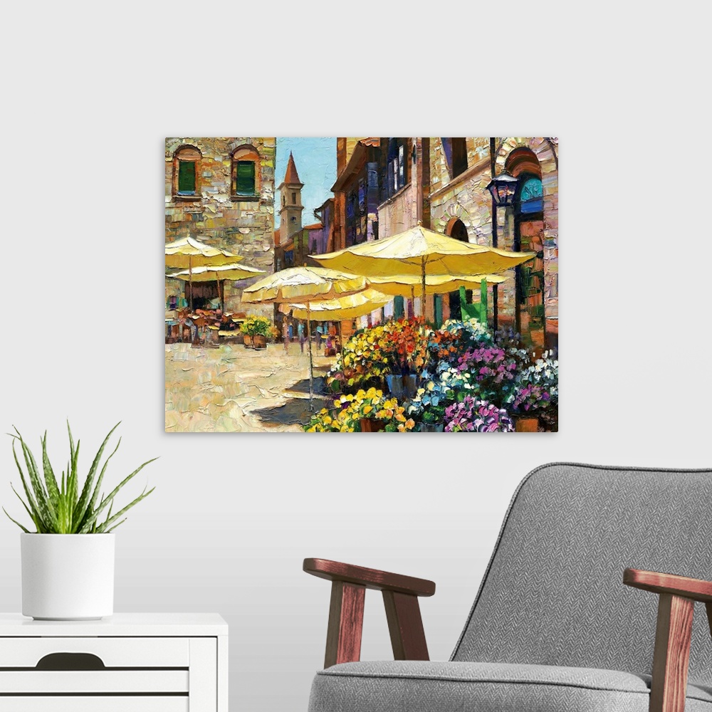 A modern room featuring Contemporary art piece of a market in Italy that is filled with flowers and surrounded by stone b...