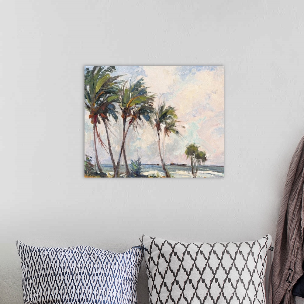 A bohemian room featuring Contemporary painting of six tall palm trees on the beach.