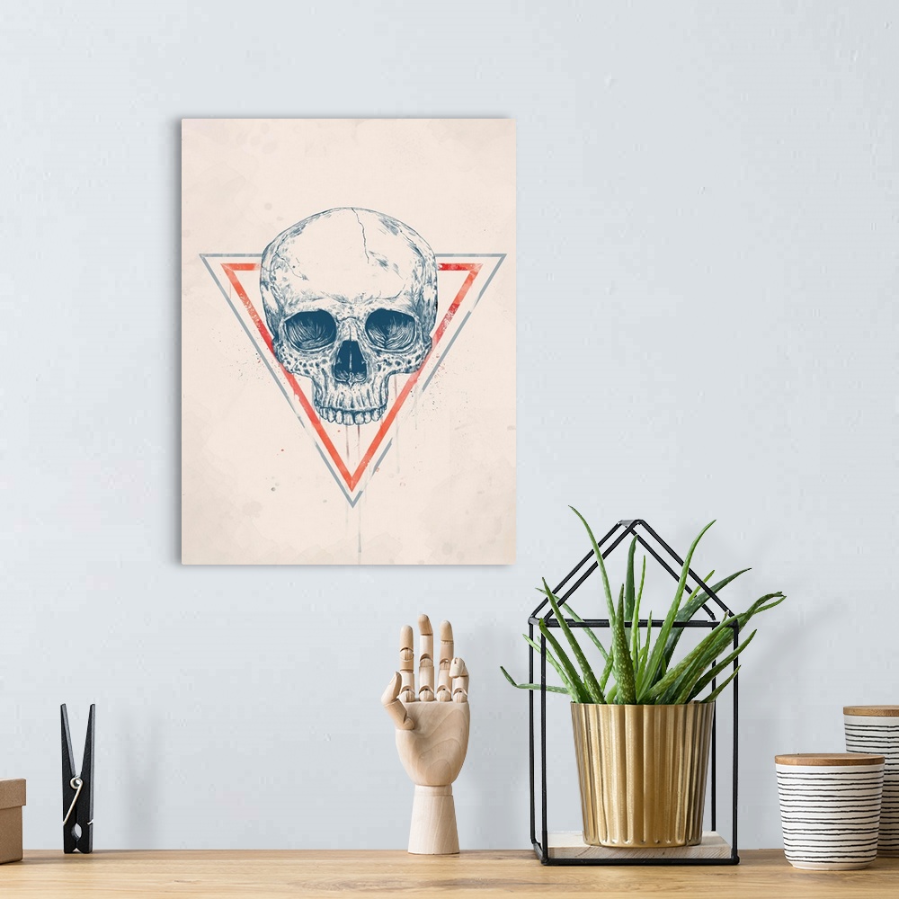 A bohemian room featuring Digital illustration of a skull within a triangle.