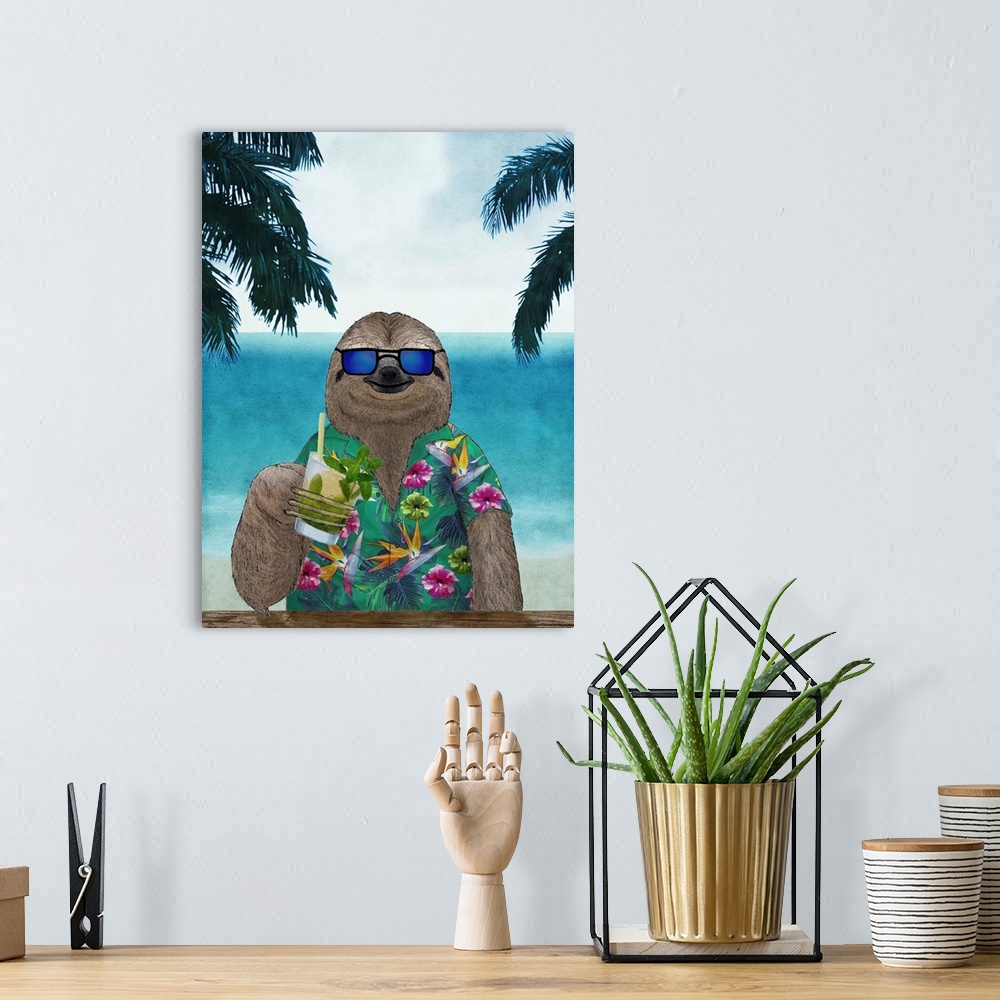 A bohemian room featuring A digital illustration of a sloth on vacation at the beach, enjoying a cocktail.