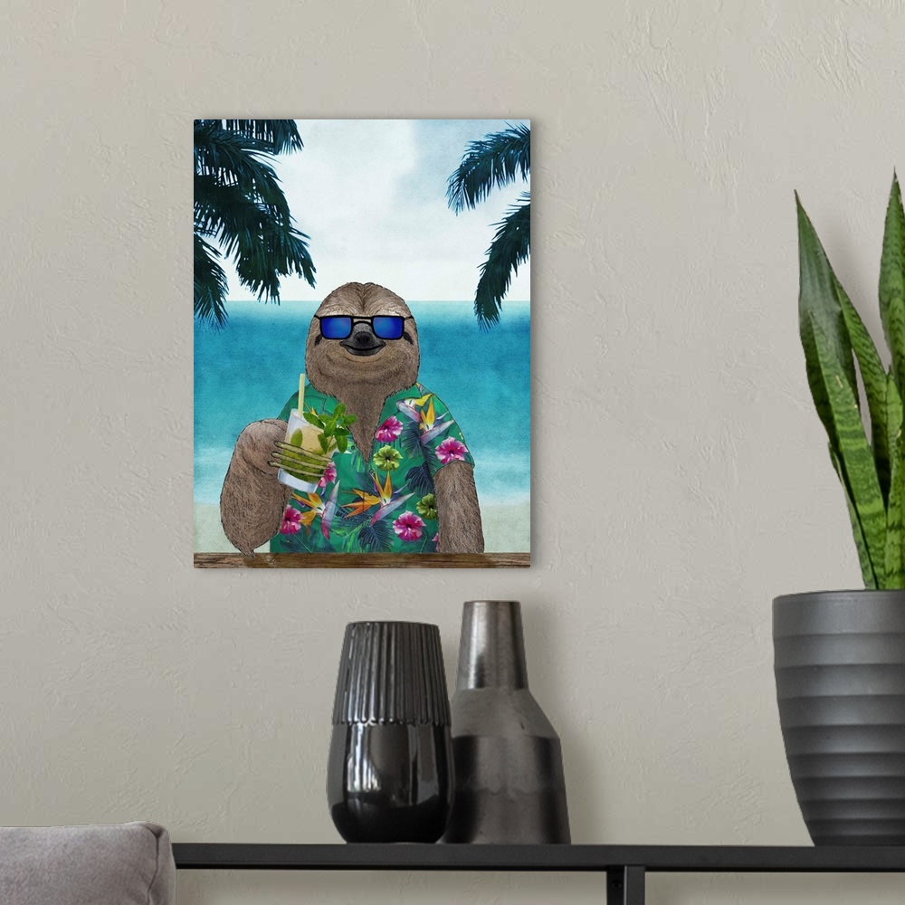 A modern room featuring A digital illustration of a sloth on vacation at the beach, enjoying a cocktail.
