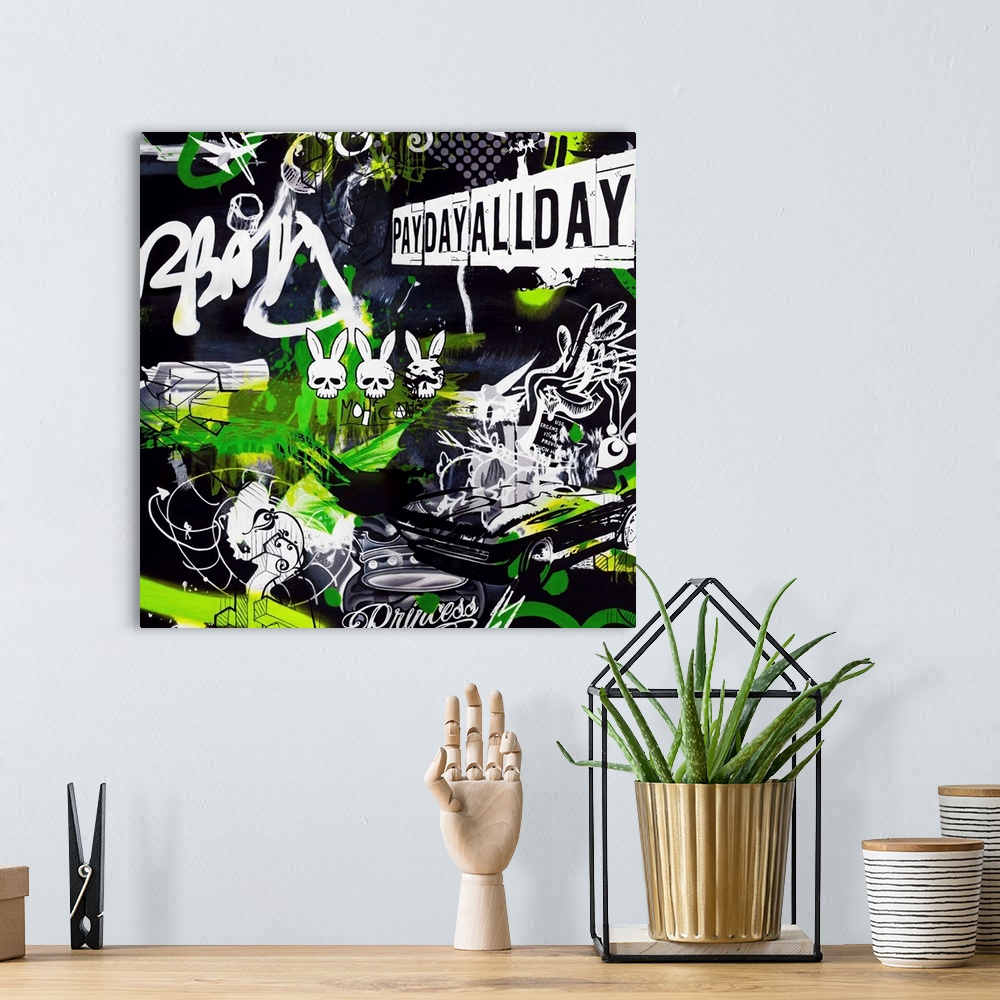 A bohemian room featuring Square modern artwork in the style of graffiti with neon green accents.