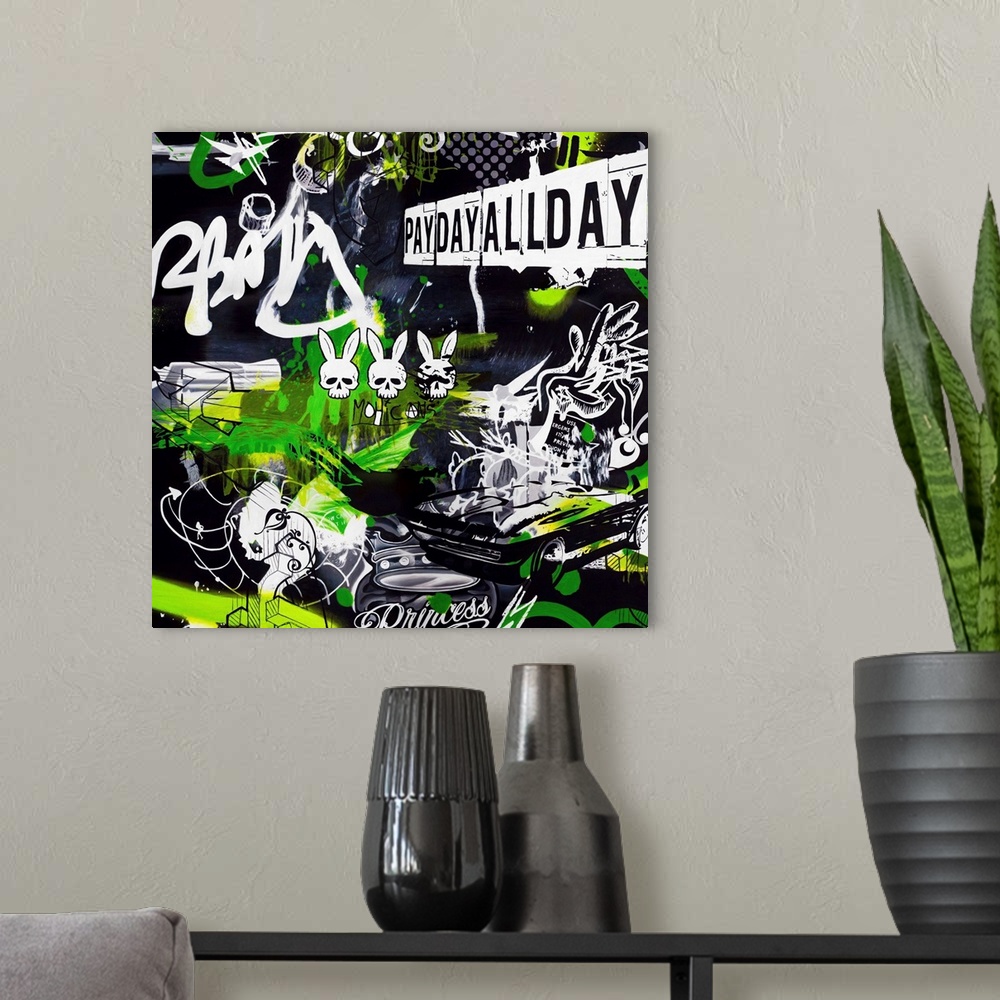 A modern room featuring Square modern artwork in the style of graffiti with neon green accents.