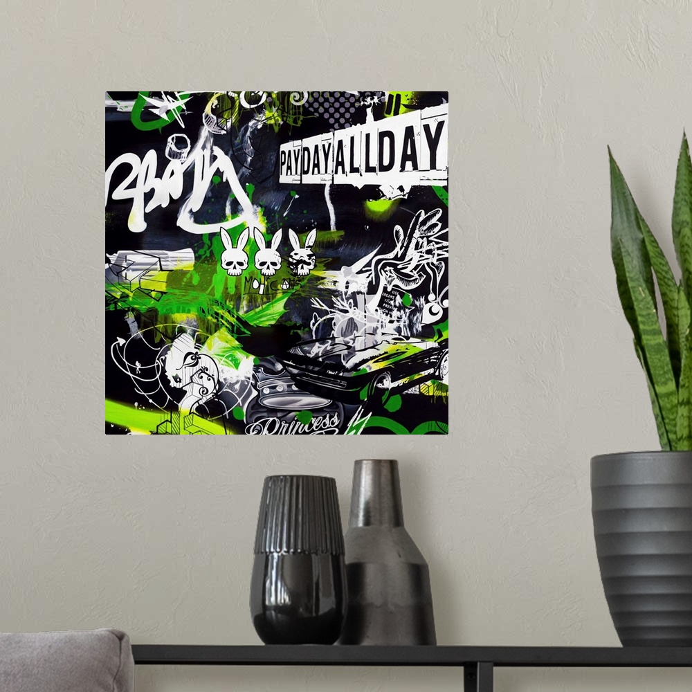 A modern room featuring Square modern artwork in the style of graffiti with neon green accents.