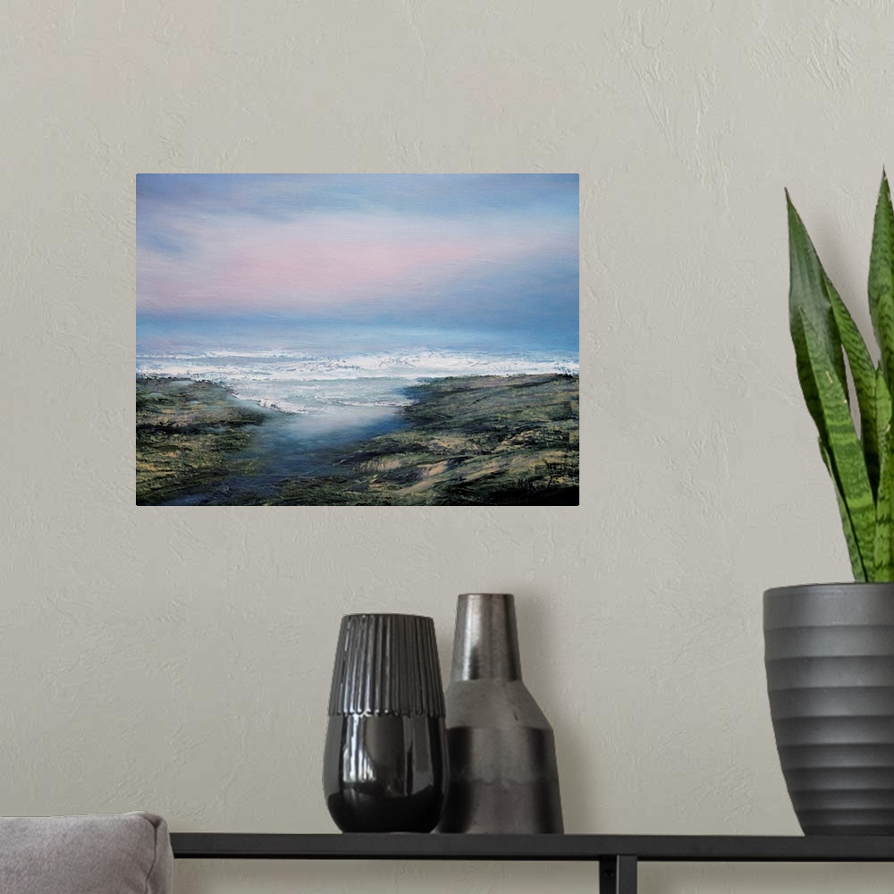 A modern room featuring Contemporary seascape painting in front of a pale pink and blue sky.