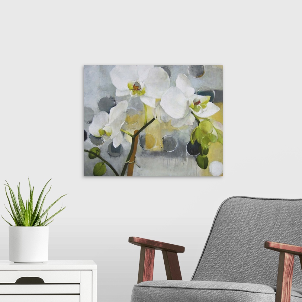 A modern room featuring A contemporary painting of white orchids against a gray background with dark gray dots.