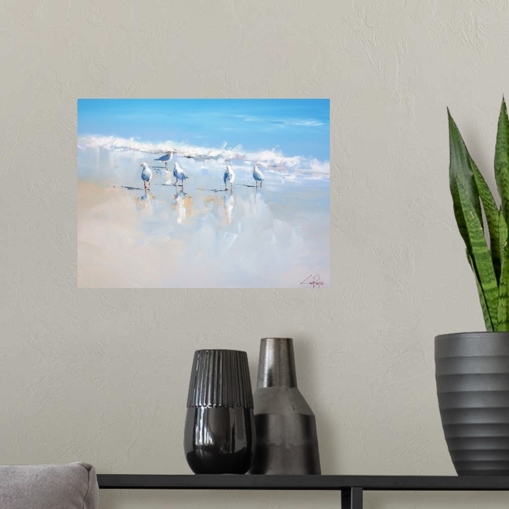 A modern room featuring A contemporary painting of seagulls walking along the beach waves.