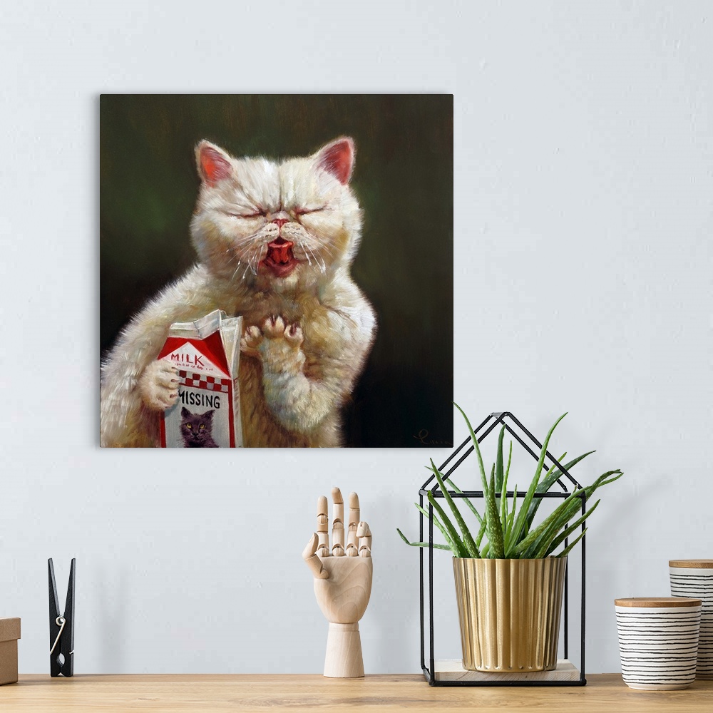 A bohemian room featuring A funny contemporary painting of a cat licking milk from a milk carton.
