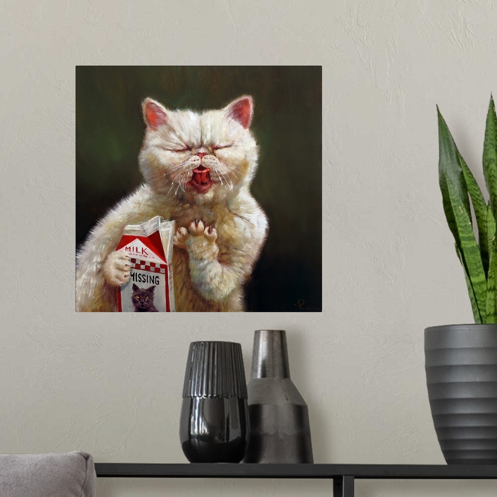 A modern room featuring A funny contemporary painting of a cat licking milk from a milk carton.