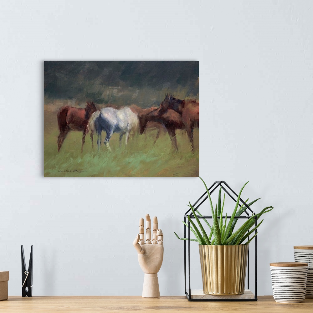 A bohemian room featuring A contemporary painting of a group on horses in a field.