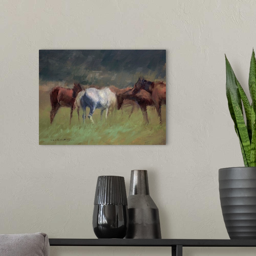 A modern room featuring A contemporary painting of a group on horses in a field.
