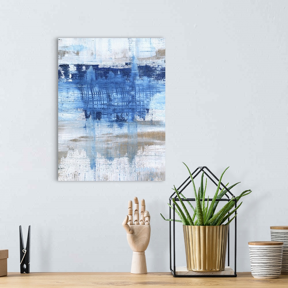 A bohemian room featuring A contemporary abstract painting using distressed blue and gray tones.