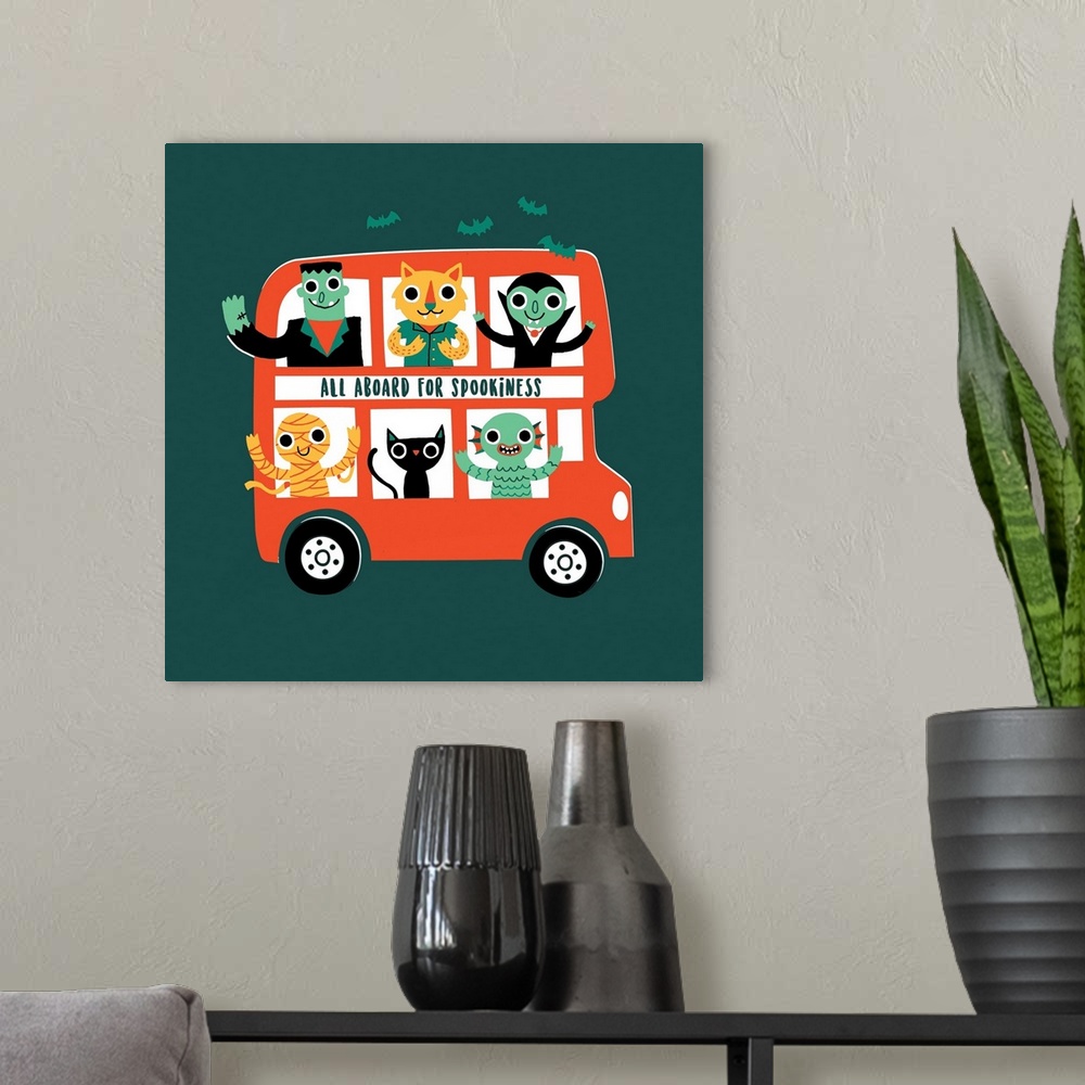 A modern room featuring Spooky Bus