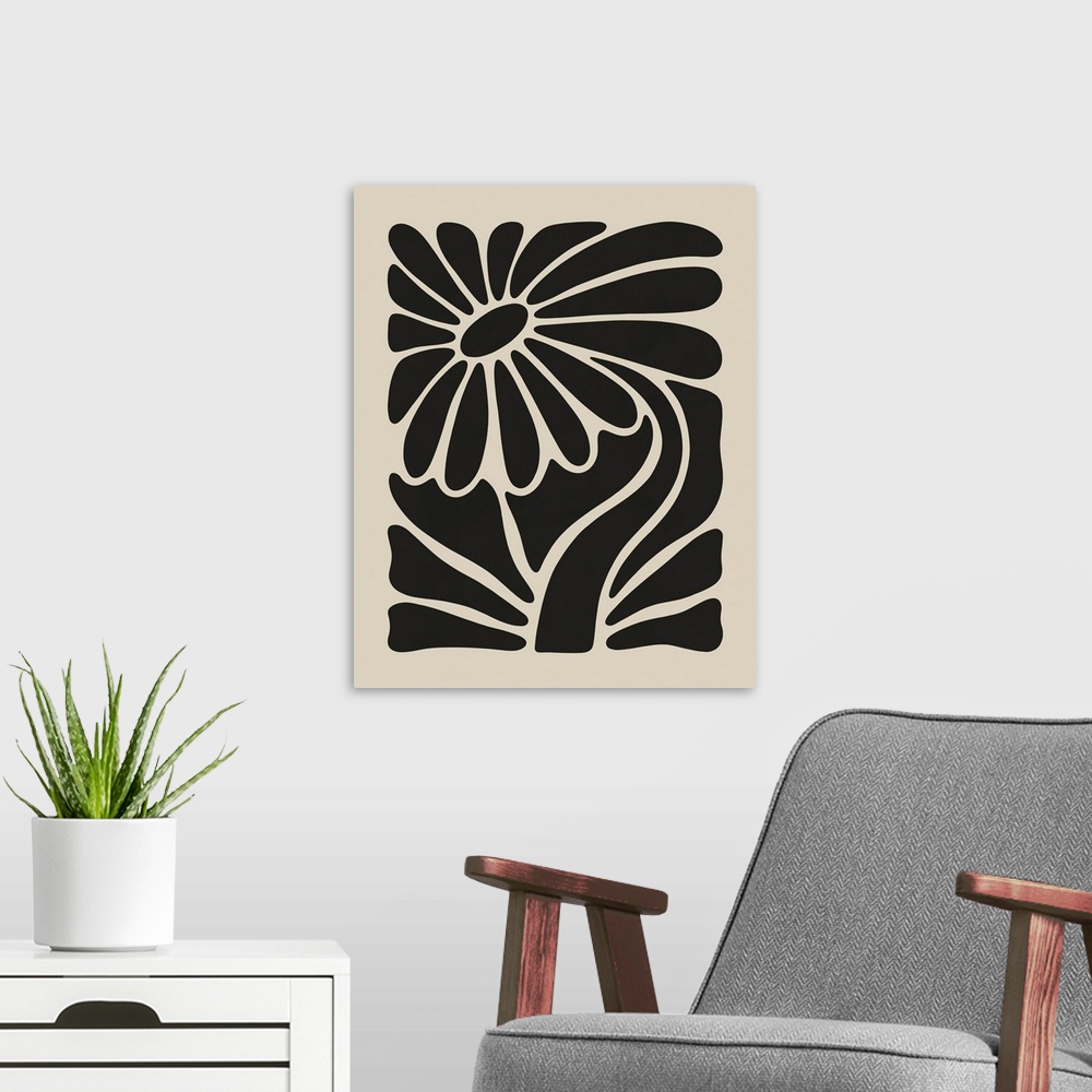 A modern room featuring A bold, monochromatic illustration of a flower fitted into a rectangular shape. This would be per...