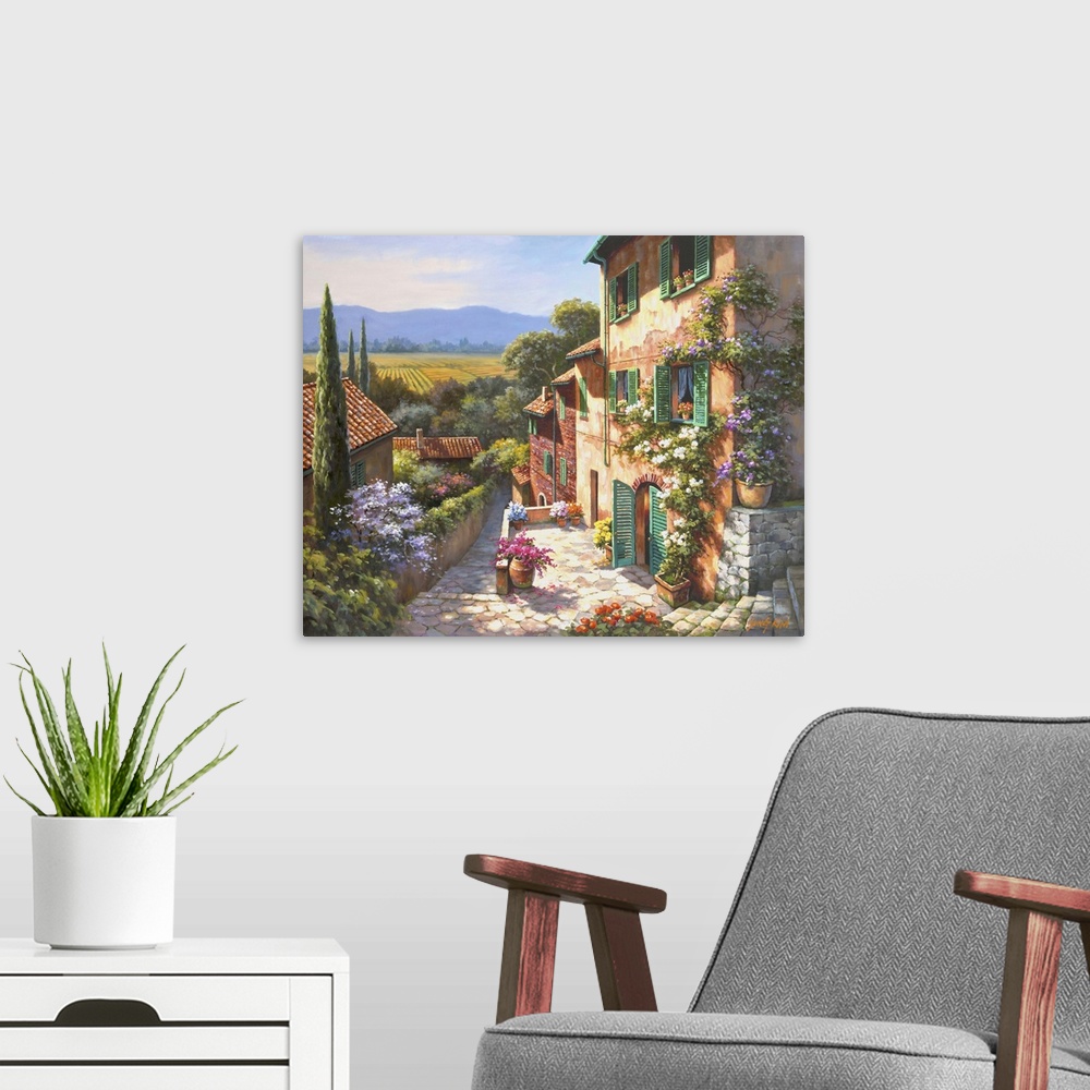 A modern room featuring Contemporary painting of an idyllic rural European village scene.