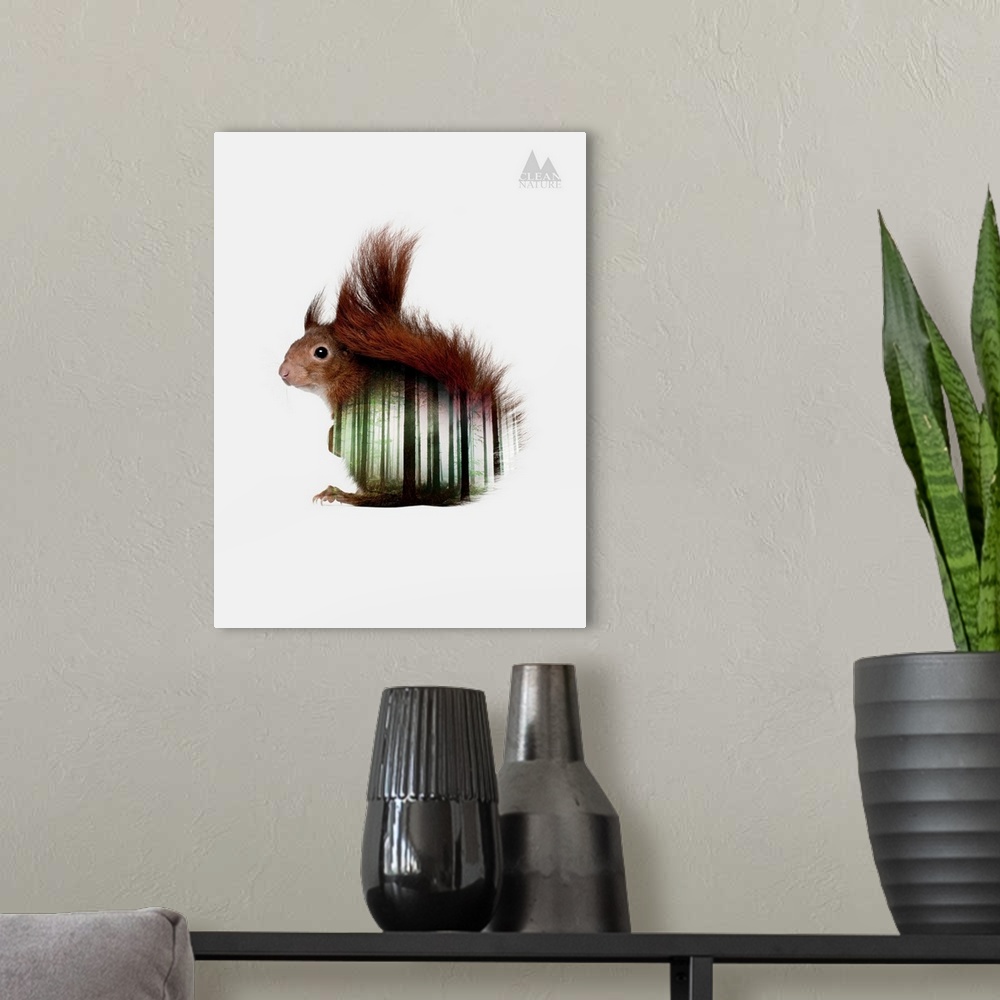 A modern room featuring A composite image of a squirrel merged with an image of a forest.