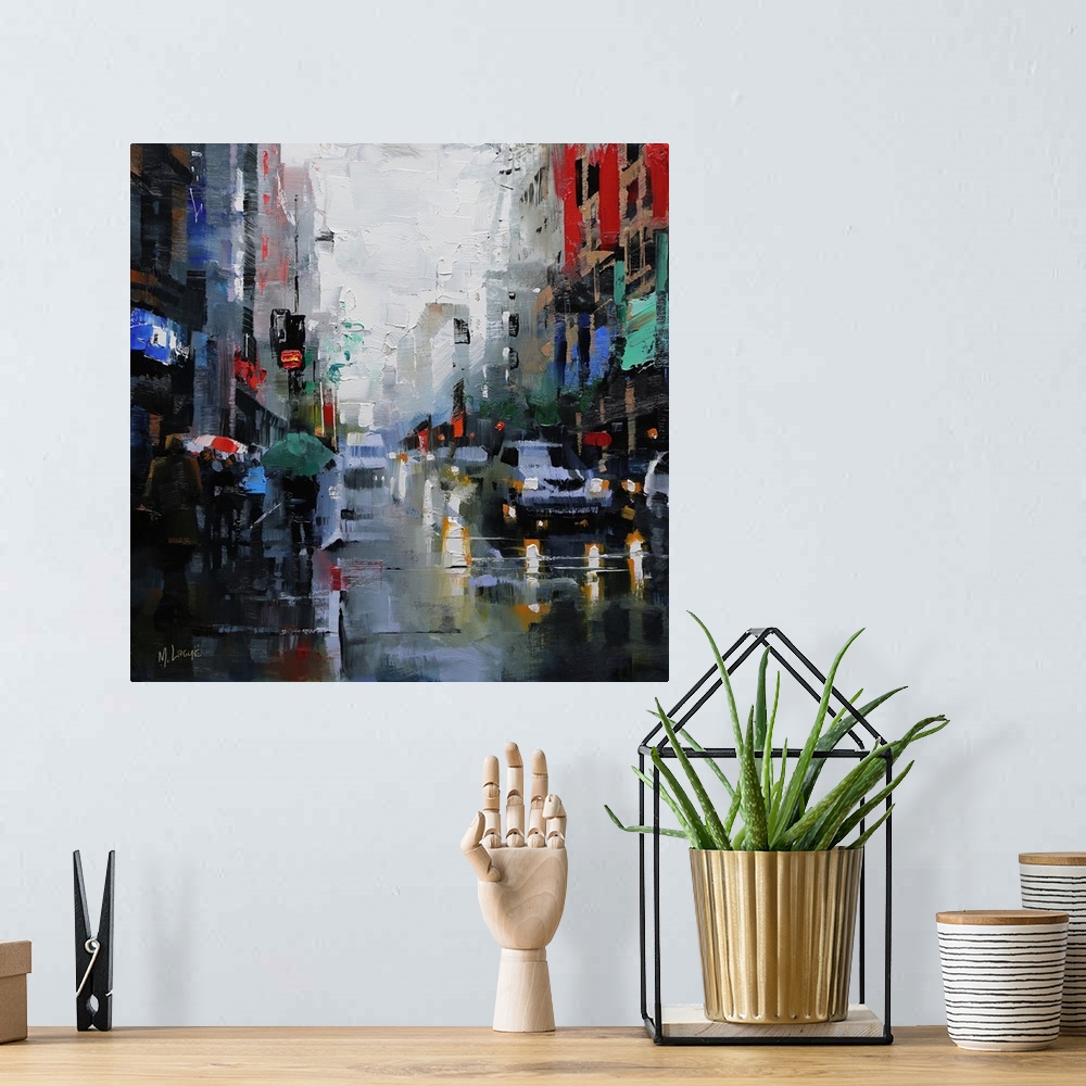 A bohemian room featuring Contemporary painting of traffic in the streets on a rainy day in Montreal.