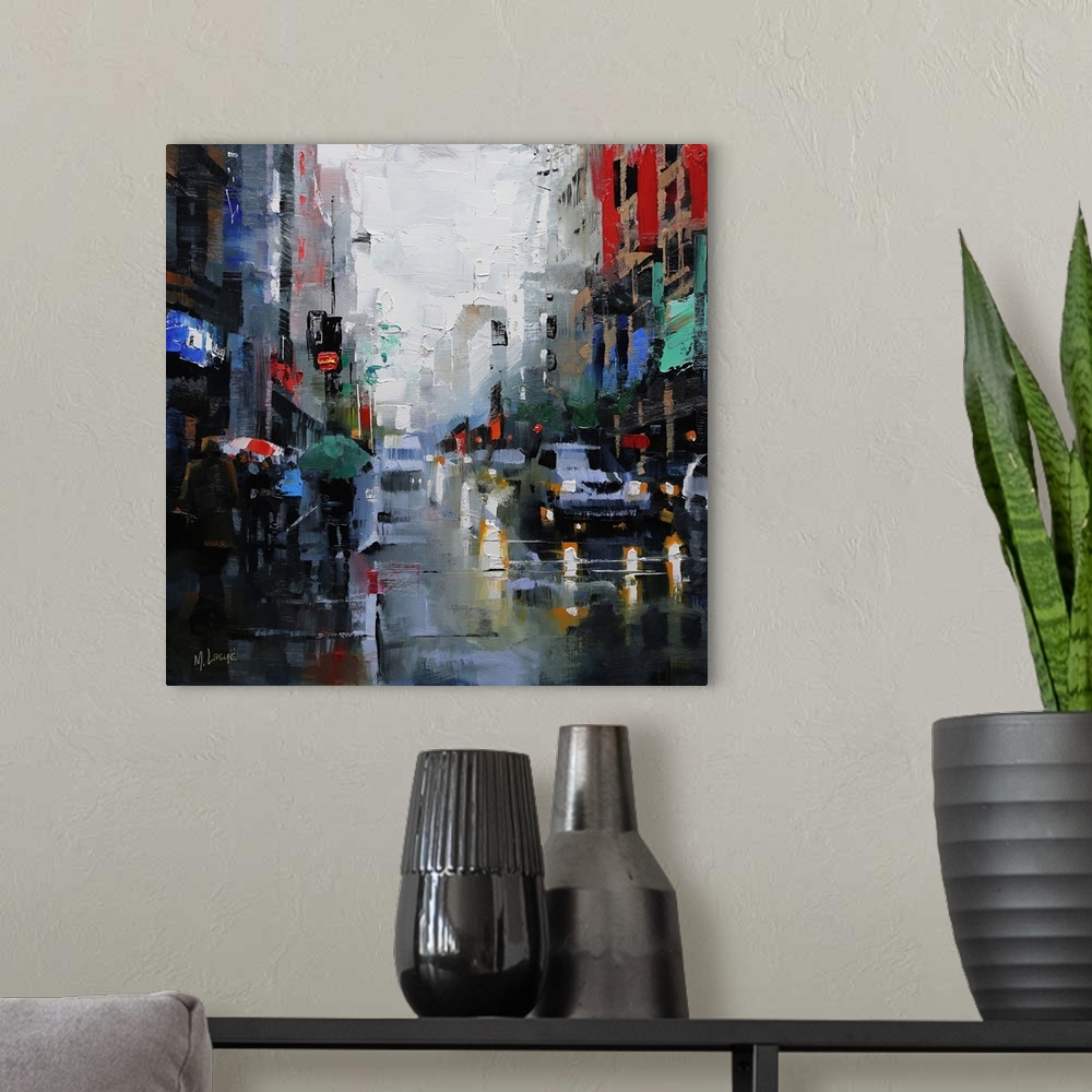 A modern room featuring Contemporary painting of traffic in the streets on a rainy day in Montreal.