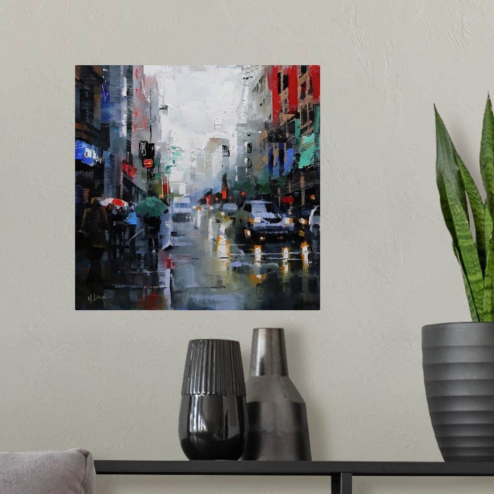 A modern room featuring Contemporary painting of traffic in the streets on a rainy day in Montreal.