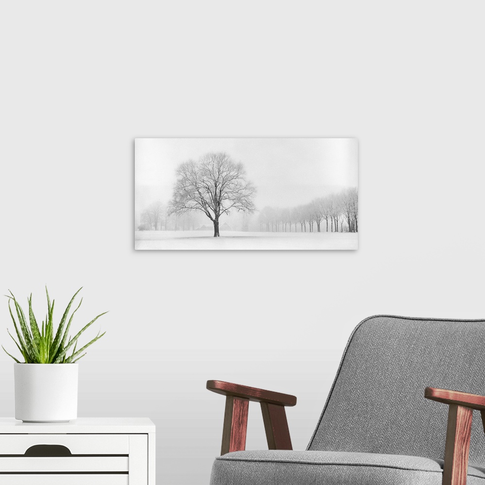 A modern room featuring A photograph of an idyllic countryside scene in winter with trees and the landscape covered in snow.