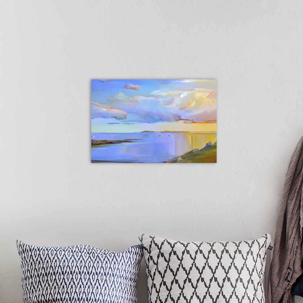 A bohemian room featuring Contemporary landscape painting of a seascape at sunset.