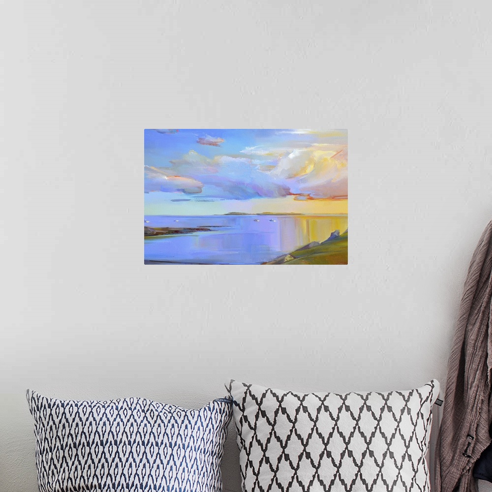 A bohemian room featuring Contemporary landscape painting of a seascape at sunset.